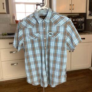 Howler Bros Medium H Bar Pearl Snap Shirt Blue Brown Plaid Short Sleeve